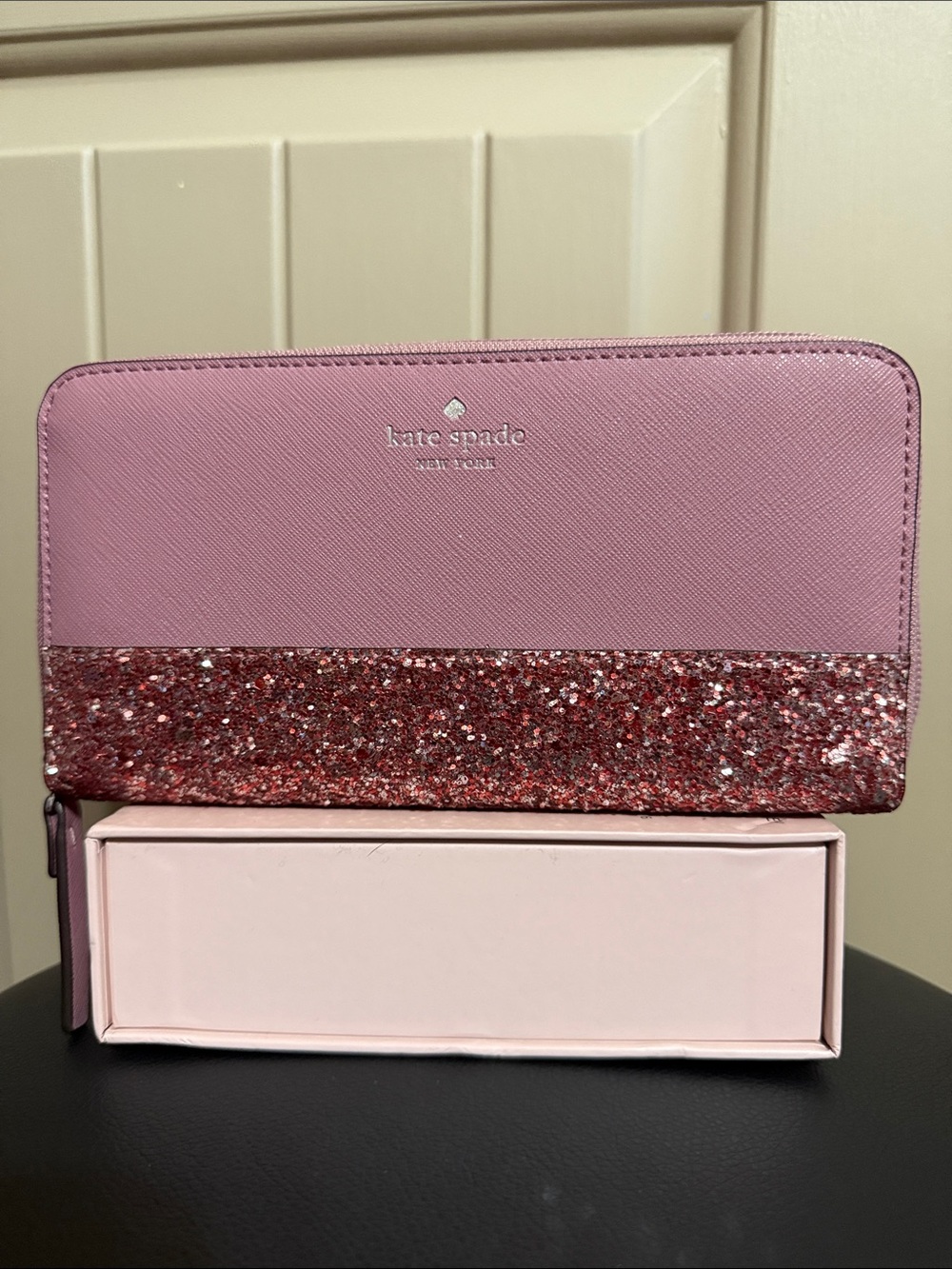 kate spade Pink Glitter Trim Saffiano Zip Wallet